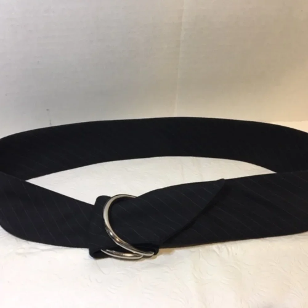 Black Striped Cloth Belt Double Silver Toned Buckles